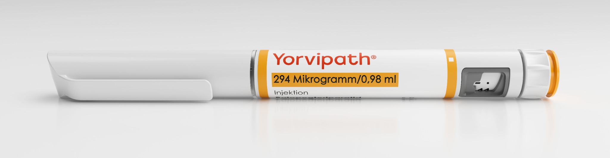 Front view of a Yorvipath injection pen against a light background