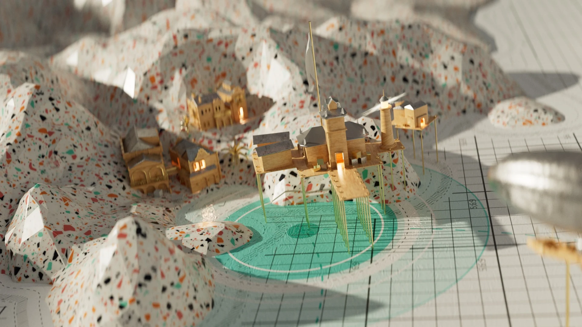 Map and renders of the stylized Anno 1800 island world — 2