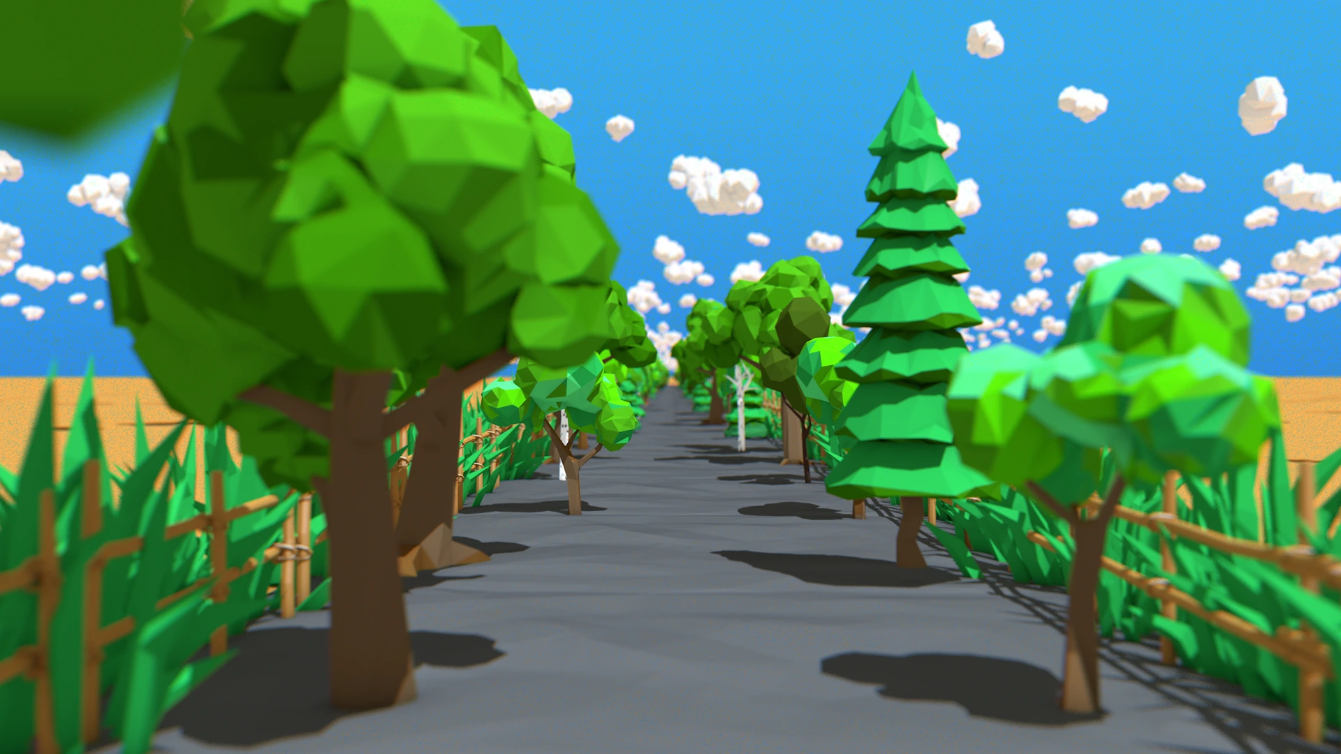 Low-poly environment with green trees, a road and white clouds