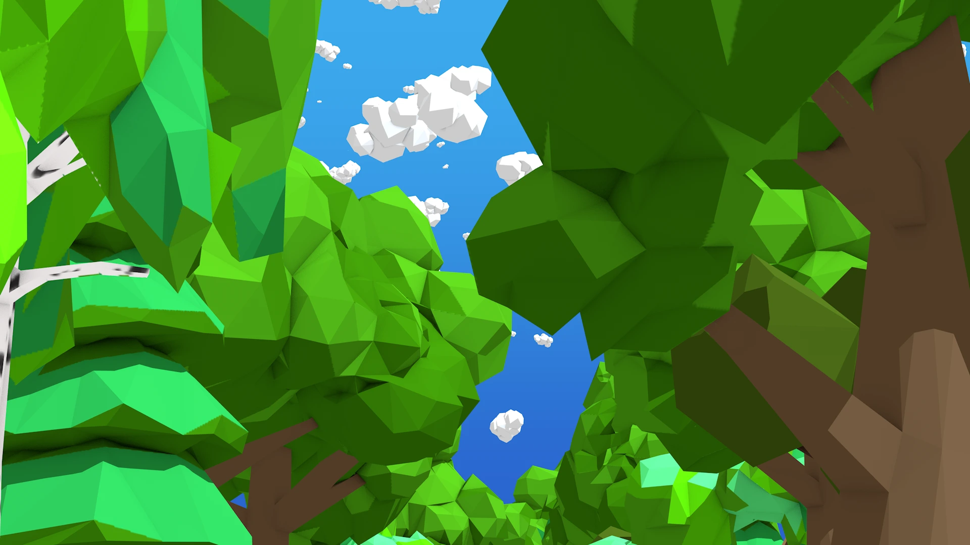 Low-poly environment with green trees, a road and white clouds