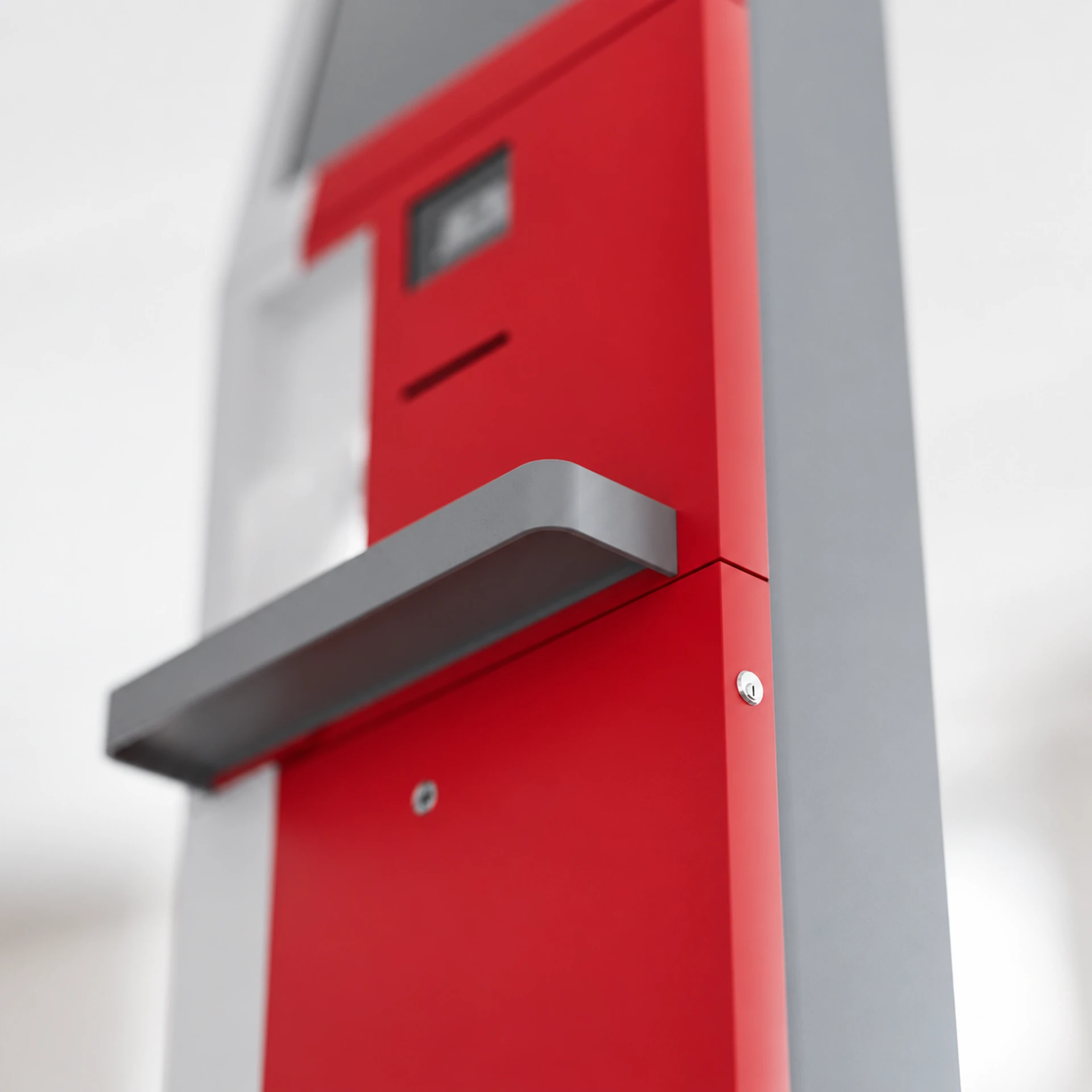Work-in-progress renders of the digital REWE service point, including full views and close-up details — 3