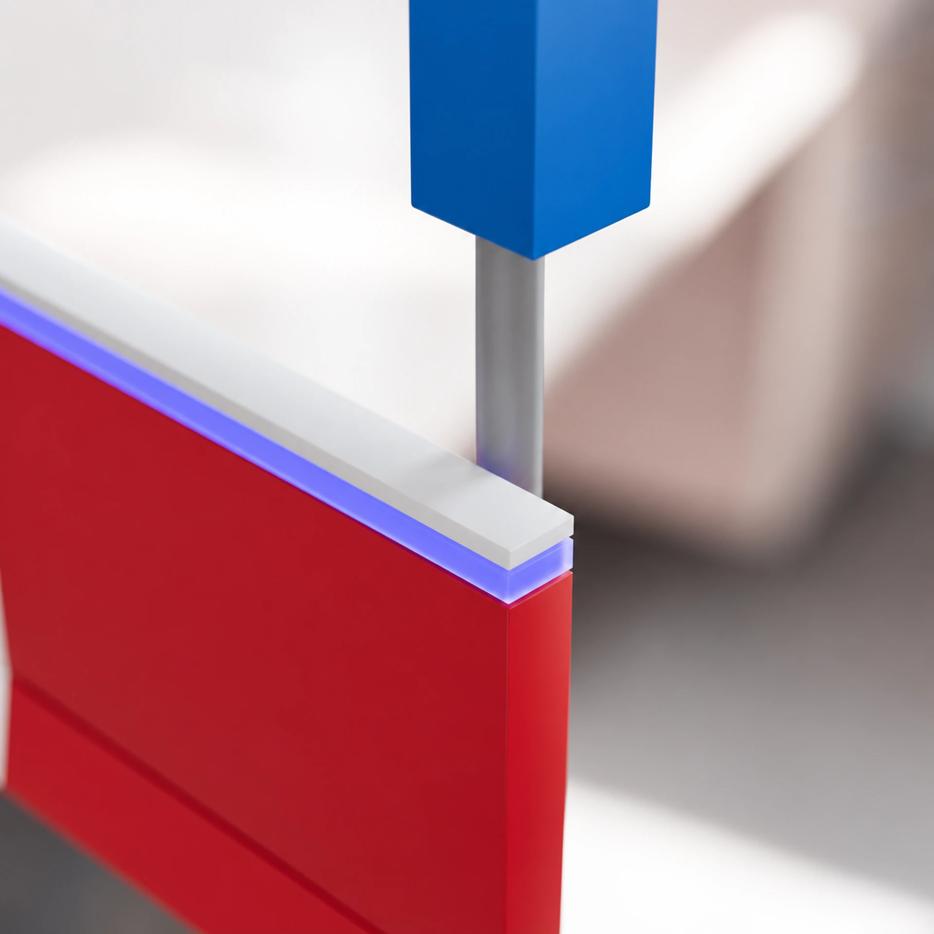 Work-in-progress renders of the digital REWE service point, including full views and close-up details — 2